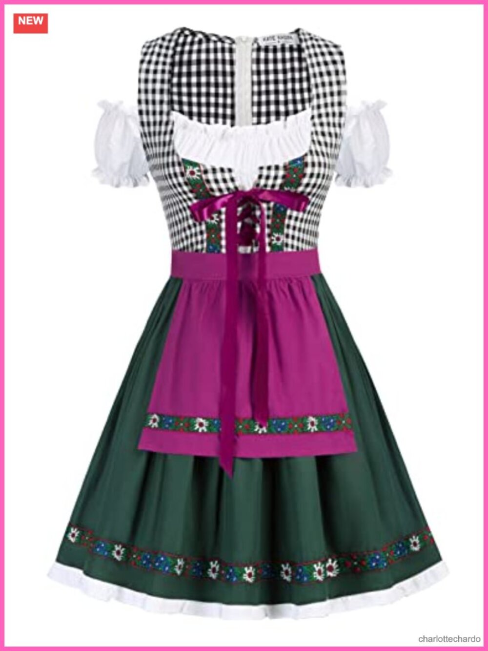 Dirndl Dress Bavarian Oktoberfest Costume with Detachable Apron Short Sleeve